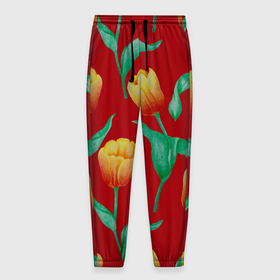 Мужские брюки 3D с принтом Тюльпаны на красном фоне в Белгороде, 100% полиэстер | манжеты по низу, эластичный пояс регулируется шнурком, по бокам два кармана без застежек, внутренняя часть кармана из мелкой сетки | Тематика изображения на принте: 8 марта | flowers | summer | ботаническая иллюстрация | весна | желтый | зеленый | красный | лето | любовь | праздник | принт | природа | растения | тюльпаны | цветы
