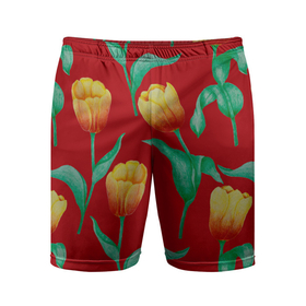 Мужские шорты спортивные с принтом Тюльпаны на красном фоне ,  |  | 8 марта | flowers | summer | ботаническая иллюстрация | весна | желтый | зеленый | красный | лето | любовь | праздник | принт | природа | растения | тюльпаны | цветы