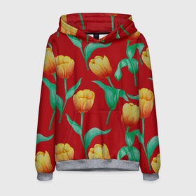 Мужская толстовка 3D с принтом Тюльпаны на красном фоне в Новосибирске, 100% полиэстер | двухслойный капюшон со шнурком для регулировки, мягкие манжеты на рукавах и по низу толстовки, спереди карман-кенгуру с мягким внутренним слоем. | 8 марта | flowers | summer | ботаническая иллюстрация | весна | желтый | зеленый | красный | лето | любовь | праздник | принт | природа | растения | тюльпаны | цветы