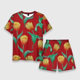 Мужской костюм с шортами 3D с принтом Тюльпаны на красном фоне в Кировске,  |  | 8 марта | flowers | summer | ботаническая иллюстрация | весна | желтый | зеленый | красный | лето | любовь | праздник | принт | природа | растения | тюльпаны | цветы
