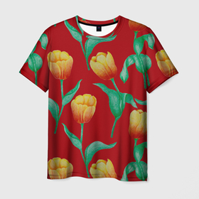 Мужская футболка 3D с принтом Тюльпаны на красном фоне в Курске, 100% полиэфир | прямой крой, круглый вырез горловины, длина до линии бедер | 8 марта | flowers | summer | ботаническая иллюстрация | весна | желтый | зеленый | красный | лето | любовь | праздник | принт | природа | растения | тюльпаны | цветы