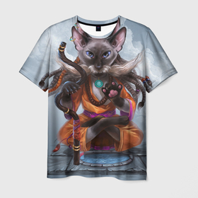 Мужская футболка 3D с принтом Кот-йог в Кировске, 100% полиэфир | прямой крой, круглый вырез горловины, длина до линии бедер | Тематика изображения на принте: дреды | йог | кот | летает | медитация | облака | шаман