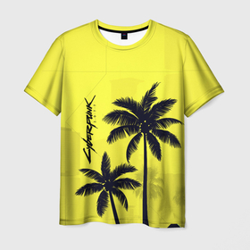 Мужская футболка 3D с принтом Cyberpunk 2077 - Пальмы , 100% полиэфир | прямой крой, круглый вырез горловины, длина до линии бедер | Тематика изображения на принте: cyberpunk 2077 | город | желтый | игра | кибер | киберпанк | летний | логотип | пальмы | подарок | силуэт