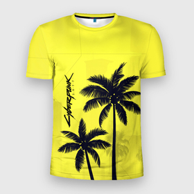 Мужская футболка 3D спортивная с принтом Cyberpunk 2077 - Пальмы , 100% полиэстер с улучшенными характеристиками | приталенный силуэт, круглая горловина, широкие плечи, сужается к линии бедра | Тематика изображения на принте: cyberpunk 2077 | город | желтый | игра | кибер | киберпанк | летний | логотип | пальмы | подарок | силуэт