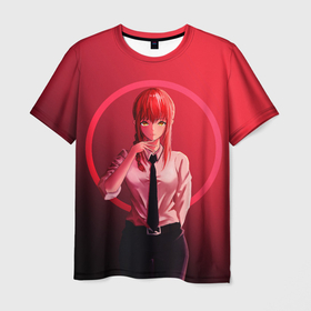 Мужская футболка 3D с принтом Макима на красном фоне , 100% полиэфир | прямой крой, круглый вырез горловины, длина до линии бедер | anime | chainsaw man | denji | makima | manga | power | аниме | бим | денджи | дьявол бесконечности | кишибэ | летучая мышь | манга | пауэр | хаякава аки | химено | человек бензопила