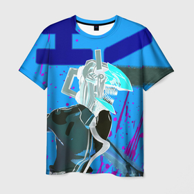 Мужская футболка 3D с принтом Человек-Бензопила на голубом фоне в Петрозаводске, 100% полиэфир | прямой крой, круглый вырез горловины, длина до линии бедер | anime | chainsaw man | denji | makima | manga | power | аниме | бим | денджи | дьявол бесконечности | кишибэ | летучая мышь | манга | пауэр | хаякава аки | химено | человек бензопила