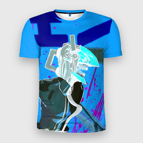 Мужская футболка 3D спортивная с принтом Человек-Бензопила на голубом фоне в Белгороде, 100% полиэстер с улучшенными характеристиками | приталенный силуэт, круглая горловина, широкие плечи, сужается к линии бедра | Тематика изображения на принте: anime | chainsaw man | denji | makima | manga | power | аниме | бим | денджи | дьявол бесконечности | кишибэ | летучая мышь | манга | пауэр | хаякава аки | химено | человек бензопила