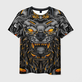 Мужская футболка 3D с принтом Хищный лев киборг в Белгороде, 100% полиэфир | прямой крой, круглый вырез горловины, длина до линии бедер | art | cyber | lion | mechanical | арт | кибер | лев | механический | монстр | робот