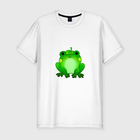 Мужская футболка хлопок Slim с принтом Жаба с листиком в Курске, 92% хлопок, 8% лайкра | приталенный силуэт, круглый вырез ворота, длина до линии бедра, короткий рукав | жаба | зеленая | лягуха | лягушка | милая | с листочком