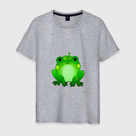 Мужская футболка хлопок с принтом Жаба с листиком в Тюмени, 100% хлопок | прямой крой, круглый вырез горловины, длина до линии бедер, слегка спущенное плечо. | жаба | зеленая | лягуха | лягушка | милая | с листочком