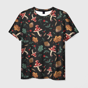 Мужская футболка 3D с принтом Лесной принт с мухоморами в Санкт-Петербурге, 100% полиэфир | прямой крой, круглый вырез горловины, длина до линии бедер | грибы | желуди | лесной | листья | мухоморы | узор | черный