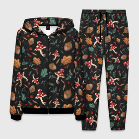 Мужской костюм 3D с принтом Лесной принт с мухоморами в Екатеринбурге, 100% полиэстер | Манжеты и пояс оформлены тканевой резинкой, двухслойный капюшон со шнурком для регулировки, карманы спереди | Тематика изображения на принте: грибы | желуди | лесной | листья | мухоморы | узор | черный