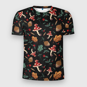 Мужская футболка 3D спортивная с принтом Лесной принт с мухоморами в Новосибирске, 100% полиэстер с улучшенными характеристиками | приталенный силуэт, круглая горловина, широкие плечи, сужается к линии бедра | грибы | желуди | лесной | листья | мухоморы | узор | черный