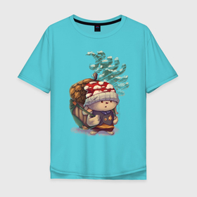 Мужская футболка хлопок Oversize с принтом Милый зимний лесной зверек в Курске, 100% хлопок | свободный крой, круглый ворот, “спинка” длиннее передней части | зима | лес | мультик | новый год | персонаж | рождество | теплый | шапка