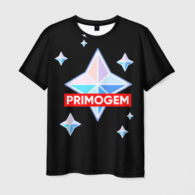 Мужская футболка 3D с принтом PRIMOGEM в Петрозаводске, 100% полиэфир | прямой крой, круглый вырез горловины, длина до линии бедер | genshin | genshin impact | legendary | primogem | roll | геншин | геншин импакт | молитва | примогем | хочу верить