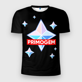 Мужская футболка 3D спортивная с принтом PRIMOGEM в Новосибирске, 100% полиэстер с улучшенными характеристиками | приталенный силуэт, круглая горловина, широкие плечи, сужается к линии бедра | genshin | genshin impact | legendary | primogem | roll | геншин | геншин импакт | молитва | примогем | хочу верить