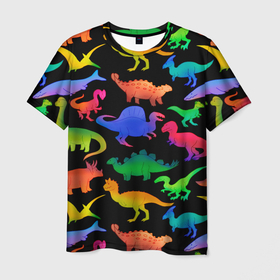 Мужская футболка 3D с принтом Яркие динозавры в Кировске, 100% полиэфир | прямой крой, круглый вырез горловины, длина до линии бедер | дино | динозавры | диносы | разноцветные | хищные | цветные | юрский период