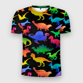 Мужская футболка 3D спортивная с принтом Яркие динозавры в Курске, 100% полиэстер с улучшенными характеристиками | приталенный силуэт, круглая горловина, широкие плечи, сужается к линии бедра | Тематика изображения на принте: дино | динозавры | диносы | разноцветные | хищные | цветные | юрский период