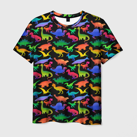 Мужская футболка 3D с принтом Яркие динозавры в Петрозаводске, 100% полиэфир | прямой крой, круглый вырез горловины, длина до линии бедер | дино | динозавры | диносы | разноцветные | хищные | цветные | юрский период