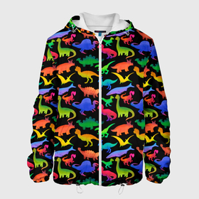Мужская куртка 3D с принтом Яркие динозавры в Екатеринбурге, ткань верха — 100% полиэстер, подклад — флис | прямой крой, подол и капюшон оформлены резинкой с фиксаторами, два кармана без застежек по бокам, один большой потайной карман на груди. Карман на груди застегивается на липучку | дино | динозавры | диносы | разноцветные | хищные | цветные | юрский период