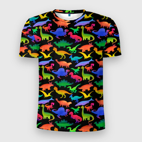 Мужская футболка 3D спортивная с принтом Яркие динозавры в Курске, 100% полиэстер с улучшенными характеристиками | приталенный силуэт, круглая горловина, широкие плечи, сужается к линии бедра | Тематика изображения на принте: дино | динозавры | диносы | разноцветные | хищные | цветные | юрский период
