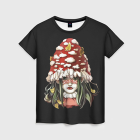 Женская футболка 3D с принтом Волшебная лесная девушка в Курске, 100% полиэфир ( синтетическое хлопкоподобное полотно) | прямой крой, круглый вырез горловины, длина до линии бедер | лес | листья | мухомор | фэнтези | черный