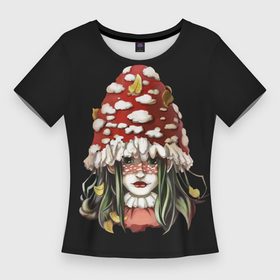Женская футболка 3D Slim с принтом Волшебная лесная девушка в Курске,  |  | лес | листья | мухомор | фэнтези | черный