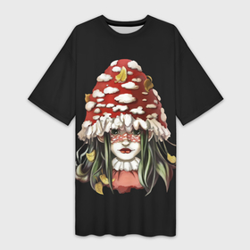 Платье-футболка 3D с принтом Волшебная лесная девушка в Кировске,  |  | лес | листья | мухомор | фэнтези | черный