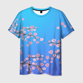 Мужская футболка 3D с принтом Цветы сакуры в Петрозаводске, 100% полиэфир | прямой крой, круглый вырез горловины, длина до линии бедер | 8 марта | вишня | дерево | минимализм | нежность | растение | сакура | флора | цветение | цветок | цветы | япония