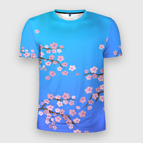 Мужская футболка 3D Slim с принтом Цветы сакуры в Екатеринбурге, 100% полиэстер с улучшенными характеристиками | приталенный силуэт, круглая горловина, широкие плечи, сужается к линии бедра | Тематика изображения на принте: 8 марта | вишня | дерево | минимализм | нежность | растение | сакура | флора | цветение | цветок | цветы | япония