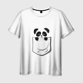 Мужская футболка 3D с принтом Панда В Кармане в Новосибирске, 100% полиэфир | прямой крой, круглый вырез горловины, длина до линии бедер | animals | beats | head | panda | pocket | в кармане | голова | животные | звери | лапки | любовь | панда