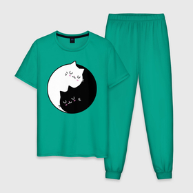 Мужская пижама хлопок с принтом Yin and Yang cats в Новосибирске, 100% хлопок | брюки и футболка прямого кроя, без карманов, на брюках мягкая резинка на поясе и по низу штанин
 | anime | cat | cats | kitten | love | philosophy | yang | yin | yoga | аниме | инь | йога | кот | котенок | котик | котики | коты | любовь | противоположность | сердце | философия | ян