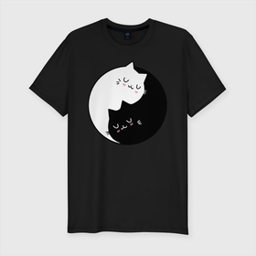 Мужская футболка хлопок Slim с принтом Yin and Yang cats в Екатеринбурге, 92% хлопок, 8% лайкра | приталенный силуэт, круглый вырез ворота, длина до линии бедра, короткий рукав | anime | cat | cats | kitten | love | philosophy | yang | yin | yoga | аниме | инь | йога | кот | котенок | котик | котики | коты | любовь | противоположность | сердце | философия | ян