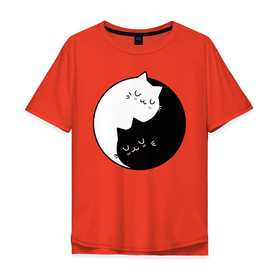 Мужская футболка хлопок Oversize с принтом Yin and Yang cats в Белгороде, 100% хлопок | свободный крой, круглый ворот, “спинка” длиннее передней части | Тематика изображения на принте: anime | cat | cats | kitten | love | philosophy | yang | yin | yoga | аниме | инь | йога | кот | котенок | котик | котики | коты | любовь | противоположность | сердце | философия | ян