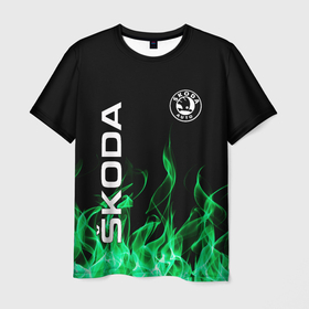 Мужская футболка 3D с принтом SKODA в Кировске, 100% полиэфир | прямой крой, круглый вырез горловины, длина до линии бедер | auto | fire | green | logo | skoda | vag | авто | ваг | водителям | зеленый | логотип | машины | огонь | шкода