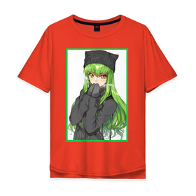 Мужская футболка хлопок Oversize с принтом C.C. (Code Geass) в Новосибирске, 100% хлопок | свободный крой, круглый ворот, “спинка” длиннее передней части | Тематика изображения на принте: cc | девушка с зелеными волосами | кавай | код гиас | милая девушка | няшка