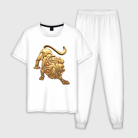 Мужская пижама хлопок с принтом Лев в Тюмени, 100% хлопок | брюки и футболка прямого кроя, без карманов, на брюках мягкая резинка на поясе и по низу штанин
 | zodiac signs | знаки зодиака | золотой рисунок | лев