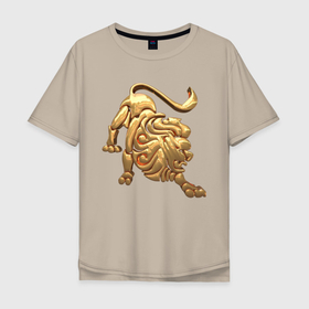 Мужская футболка хлопок Oversize с принтом Лев в Курске, 100% хлопок | свободный крой, круглый ворот, “спинка” длиннее передней части | zodiac signs | знаки зодиака | золотой рисунок | лев
