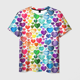 Мужская футболка 3D с принтом Радужные сердечки в Санкт-Петербурге, 100% полиэфир | прямой крой, круглый вырез горловины, длина до линии бедер | 8 марта | love | девочки | женская | любовь | подружке | сердечки