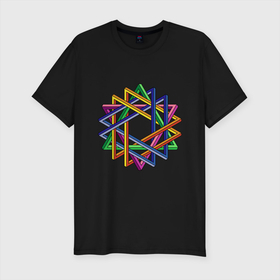 Мужская футболка хлопок Slim с принтом Иллюзия треугольники в Тюмени, 92% хлопок, 8% лайкра | приталенный силуэт, круглый вырез ворота, длина до линии бедра, короткий рукав | вязь | зрение | иллюзия | многоугольник | обман | оптическая | переплетение | разноцветный | треугольник