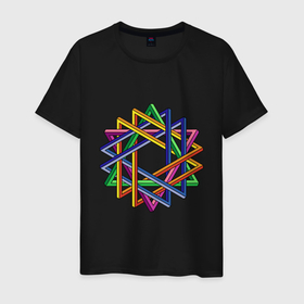 Мужская футболка хлопок с принтом Иллюзия треугольники в Новосибирске, 100% хлопок | прямой крой, круглый вырез горловины, длина до линии бедер, слегка спущенное плечо. | вязь | зрение | иллюзия | многоугольник | обман | оптическая | переплетение | разноцветный | треугольник