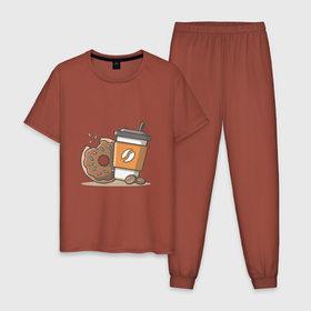 Мужская пижама хлопок с принтом Сладкая жизнь в Тюмени, 100% хлопок | брюки и футболка прямого кроя, без карманов, на брюках мягкая резинка на поясе и по низу штанин
 | coffee | вкусняшки | кофе | пончик | сладости