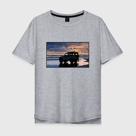 Мужская футболка хлопок Oversize с принтом Land Rover Defender на закате в Санкт-Петербурге, 100% хлопок | свободный крой, круглый ворот, “спинка” длиннее передней части | land rover defender | водитель | доска | закат | машина | море | небо | отлив | прилив | сёрфинг | старый дефендер | тень