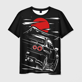 Мужская футболка 3D с принтом Skyline R 34 R34 скайлайн в Санкт-Петербурге, 100% полиэфир | прямой крой, круглый вырез горловины, длина до линии бедер | drift | nissan | r32 | r34 | skyline | skyline r34 | дрифт | машина | нисан | ниссан | скайлайн р34 | тойота