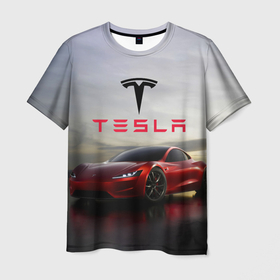 Мужская футболка 3D с принтом Tesla Roadster в Белгороде, 100% полиэфир | прямой крой, круглый вырез горловины, длина до линии бедер | america | auto | car | electric | elon | motors | musk | roadster | tesla | usa | vehicle | авто | америка | илон | маск | модель | сша | тесла | электромобиль