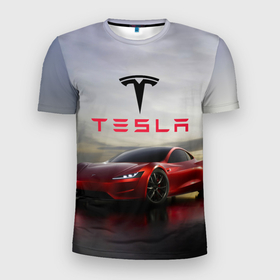 Мужская футболка 3D Slim с принтом Tesla Roadster в Кировске, 100% полиэстер с улучшенными характеристиками | приталенный силуэт, круглая горловина, широкие плечи, сужается к линии бедра | america | auto | car | electric | elon | motors | musk | roadster | tesla | usa | vehicle | авто | америка | илон | маск | модель | сша | тесла | электромобиль