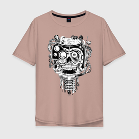 Мужская футболка хлопок Oversize с принтом Стимпанк череп в Белгороде, 100% хлопок | свободный крой, круглый ворот, “спинка” длиннее передней части | Тематика изображения на принте: bones | brains | death | eye | head | punk | skeletone | skull | smile | steam | steampunk | teeth | глаз | голова | зубы | кости | мозги | монокль | панк | пар | провода | скелет | стимпанк | улыбка | череп