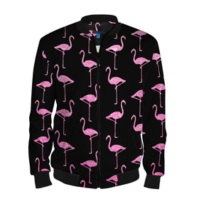 Мужской бомбер 3D с принтом Фламинго | Чёрная в Екатеринбурге, 100% полиэстер | застегивается на молнию, по бокам два кармана без застежек, по низу бомбера и на воротнике - эластичная резинка | Тематика изображения на принте: birds | drawing | fashion | feathers | flamingo | graphics | illustration | pink | stand | style | wings | youth | графика | иллюстрация | картинка | клюв | красивые | крылья | мода | молодежная | перья | птицы | рисунок | розовый | стиль | стоят