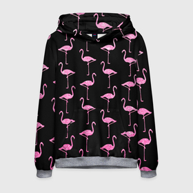 Мужская толстовка 3D с принтом Фламинго | Чёрная , 100% полиэстер | двухслойный капюшон со шнурком для регулировки, мягкие манжеты на рукавах и по низу толстовки, спереди карман-кенгуру с мягким внутренним слоем. | birds | drawing | fashion | feathers | flamingo | graphics | illustration | pink | stand | style | wings | youth | графика | иллюстрация | картинка | клюв | красивые | крылья | мода | молодежная | перья | птицы | рисунок | розовый | стиль | стоят