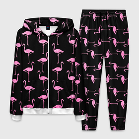 Мужской костюм 3D с принтом Фламинго | Чёрная , 100% полиэстер | Манжеты и пояс оформлены тканевой резинкой, двухслойный капюшон со шнурком для регулировки, карманы спереди | birds | drawing | fashion | feathers | flamingo | graphics | illustration | pink | stand | style | wings | youth | графика | иллюстрация | картинка | клюв | красивые | крылья | мода | молодежная | перья | птицы | рисунок | розовый | стиль | стоят